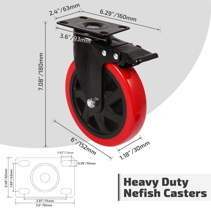 Nefish 6 Inch Heavy Duty Caster Wheels, Industrial Casters Set of 4, Locking Industrial Swivel Top Plate Casters 2600 Lbs, 360 Degree Industrial Grade Casters for Industrial, Furniture, Equipment - Image 2